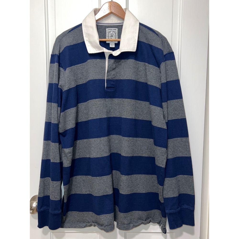 Lands End Mens XXL Tall Rugby Shirt Long Sleeve Striped Navy Gray Cotton Tall